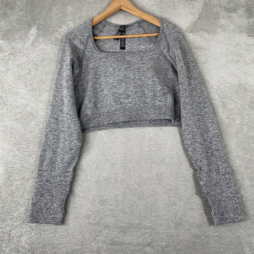 Savage X Fenty Top Womens 4X Gray Marled Ribbed Thumbhole Active Crop Shirt